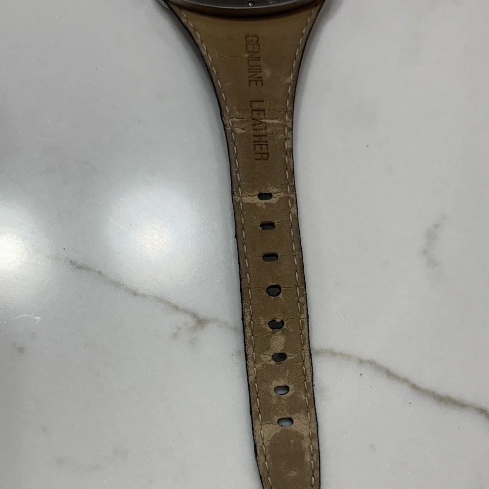 Black Leather Strap Women's Oval Silver-Tone Watch